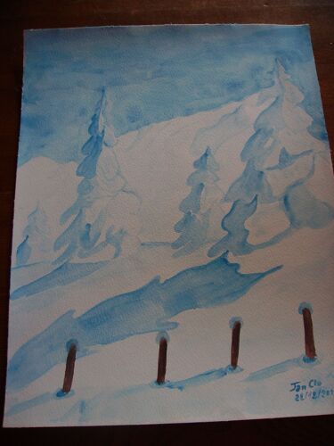 Peinture Paysage Hiver Ht  Jura  Neige Bleue //Aquarelle   Sur Canson  Épais  Jan Clo / 2011