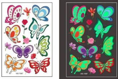 Lot De 14 Autocollants Tatouage Lumineux Pour Enfants, Faux Tatouages Temporaires, Décoration Bras Et Jambes, Art Corporel Pour Enfants Brille La Nuit Phosphorescent Thème Papillons Animaux Fluo 
