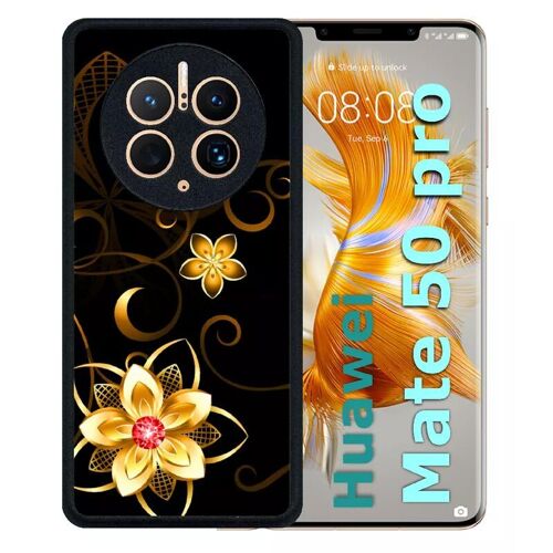 Coque Pour Huawei Mate 50 Pro - Golden Flowers 2 - Silicone - Noir