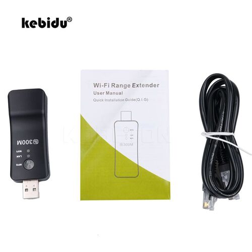 Kebidu Adaptateur réseau sans fil 300Mbps avec bouton WPS Répéteur WiFi Réseau RJ 45 Câble réseau TV Noir