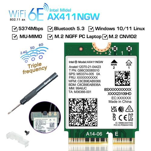 Seulement ax411ngw - Carte réseau sans fil Intel AX411 CNVio2, bluetooth 5.3, 5374 mb/s, adaptateur pour ordinateur portable/PC, avec antenne Win10/11 64 bits