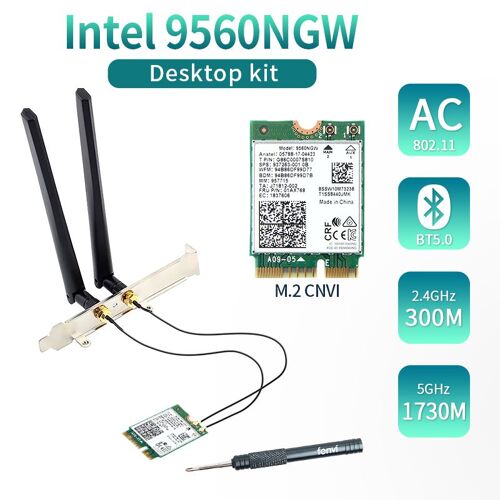 Kit de bureau AC9560 - Carte Réseau Double Bande Avec Antenne Wifi, Kit De Bureau Sans Fil, Intel 2030, 9560/5ghz, 2.4 Mb/s, Bluetooth, 802.11ac, M.2, Cnvi, 9560ngw