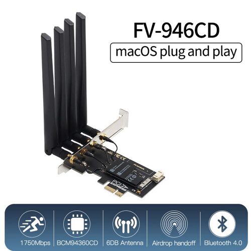 FV-A436CD PCI WiFi - Adaptateur Pcie T919 Bcm94360, Carte Wifi 1750mbps, Macos Hackintosh Airdrop, Bibande 802.11ac 2.4g/5ghz, Bluetooth 4.0