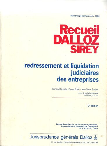 Recueil Dalloz Sirey - N° Hs 1986 - Jurisprudence - Redressement Et Liquidation Des Entreprises