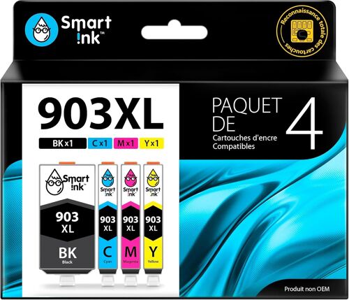 Cartouche d'Encre Compatible pour HP 903 XL 903XL 4 Pack (Noir XL & Cyan Magenta Jaune) avec Système de Puce Avancée pour Officejet 6950 All-in-One Officejet Pro 6960 6970 All-in-One