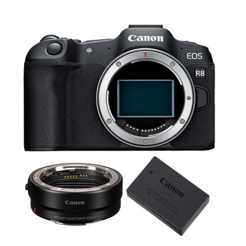 Appareil photo Canon EOS R8 + adaptateur de montage EF-EOS R + batterie canon LP-E17