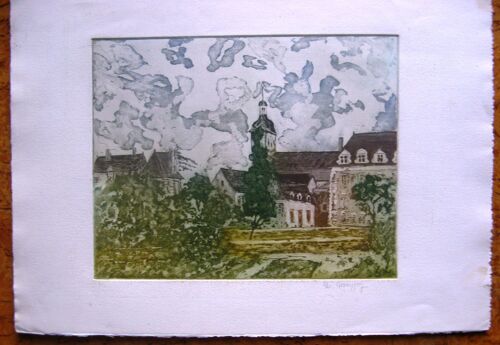 Gravure Vers 1980 Signée Deroussen St Georges Sur Loire L'abbaye (49)