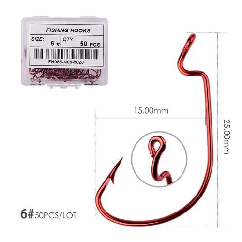 Taille 6 - 50pcs Rd - Boîte De 50 Crochets De Pêche À Manivelle Large En Acier Au Carbone, Ensemble De Hameçons De Poisson À Décalage Pour Ver Mou, Hameçon Barbelé De Pêche À La Carpe