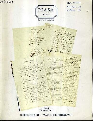 Catalogue De Ventes Aux Encheres - Lettres Manuscrits Autographes - Paris Hotel Drouot Salle 9 Mardi 30 Octobre 2001.