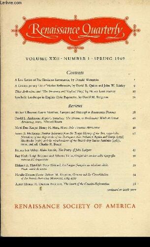 Renaissance Quarterly, Volume Xxii, Number 1, Spring 1969 : A Lost Letter Of Fra Girolamo Savonarola, Par Donald Weinstein - Lawyers And Statecraft In Renaissance Florence, Par Walter Ullmann Et Lauro(...)
