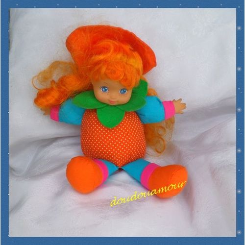 Doudou Poupée Fruit Orange Tête Plastique Corps Tissu Mou Orange Pois Blancs Cititoy 1994