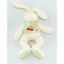 Babynat Doudou Lapin Blanc Crème Vert Broderie Cerise