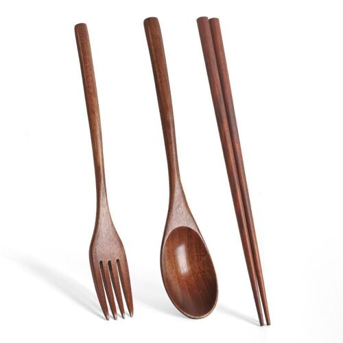 Fourchette Baguettes Cuillères Portable À Long Manche, Vaisselle En Bois Naturel Vaisselle De Table Couverts Ensemble Gadget De Cuisine Cadeau 3 Pièces