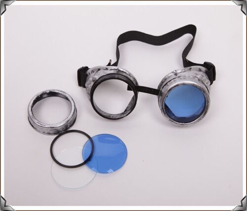 Lunettes Style Steampunk Aviateur Rondes Argenté Vieilli Plastique Dur Vis Métal Verres Doubles Dévissables Costume Cosplay Mode Style Gothique Punk Black Sugar Boutique Cosplay Paris