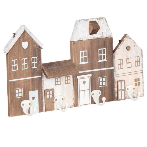 ORIGEN Home Decor - Percha 4 pomos casas Adorno Pared | Percheros Marrón - 21x5x40 cm
