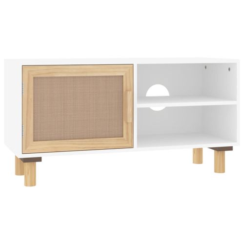 Vidaxl Meuble Tv Blanc 80x30x40 Cm Bois De Pin Massif Et Rotin Naturel