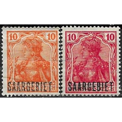 Allemagne, Land De Sarre Sous Adm. Française 1921, Beaux Timbres Yvert 34 Et 35, Types Germania 10c. Rouge Et 10c. Orange, Neufs* - Sans Gomme, Tbe.