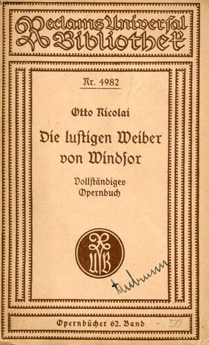Die Lustigen Weiber Von Windsor, Komisch-Phantasische Oper In Drei Aufzügen