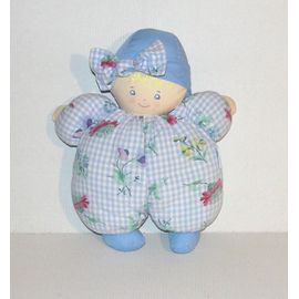 Ancienne Poupée Chiffon Tissus Vichy Bleu Et Blanc Avec Des Motifs Fleurs 1996 Vintage Corolle 26cm