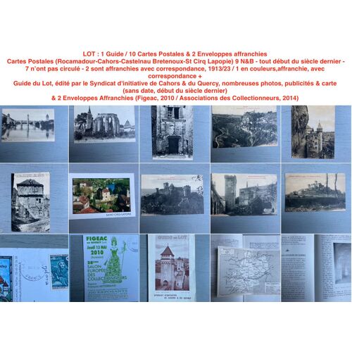 Lot : 1 Guide / 10 Cartes Postales & 2 Enveloppes Affranchies = Cp (Rocamadour-Cahors-Castelnau Bretenoux-St Cirq Lapopie) + Guide Du Lot, Éd. Par Le Syndicat D'initiative ) & 2 Enveloppes Affranchies