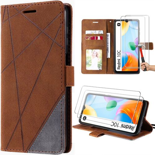 Coque Pour Xiaomi Redmi 10c Flip Case Support Marron Effet Cuir Et 2 Verres Trempés - E.F.Connection