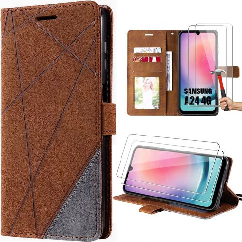 Coque Pour Samsung Galaxy A24 Avec 2 Verres Trempés, Coque Effet Cuir Flip Case - Marron - E.F.Connection