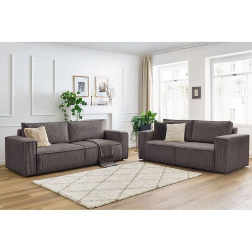 Ensemble Canapé Droit Fixe 3 + 2 Places Nihad Velours Côtelé Marron