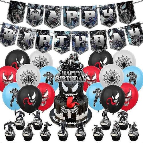 Venom Theme Birthday Party Decoration Supplies Banner Balloons Kit Cupcake Cake Toppers Set