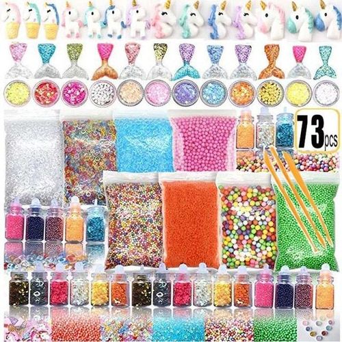Kit de fabrication de boules Slime, 72/73 paquets, fournitures pour breloques, perles à paillettes, bol à poisson, ensemble de matériaux pour boules de mousse colorées faites à la main - 73pcs
