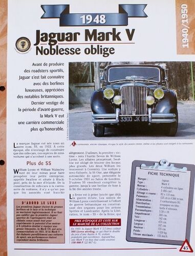 Fiche Technique Recto Verso Jaguar Mark V 1948