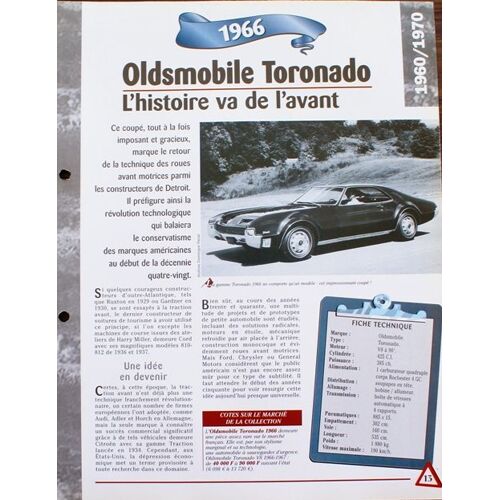 Fiche Technique Recto Verso Oldsmobile Toronado 1966