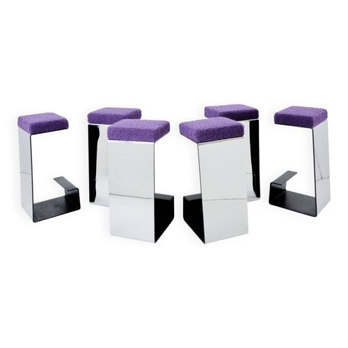 Set De 6 Tabourets De Bar Fer Forg Acier Poli Laine Boucl 1970 Argent