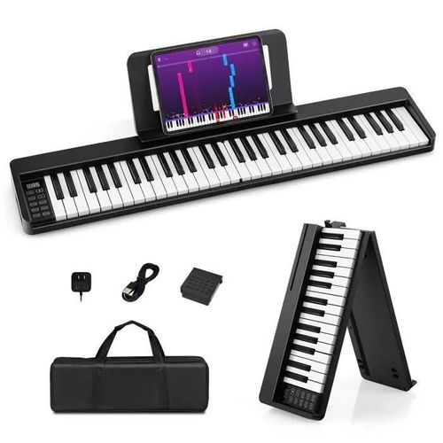 Costway Clavier Numérique 61 Touches Synthétiseur Semi-Lestées Pliable Connexions Sans Fil Bluetooth App Compatibles Écran Lcd