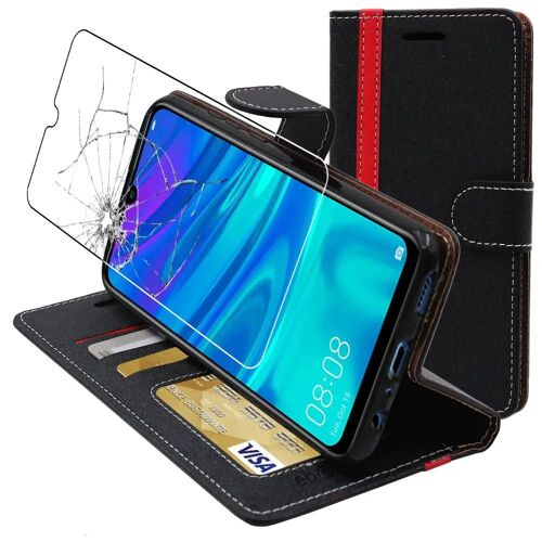 Ebeststar - Coque + Film Verre Trempé Huawei P Smart 2019 Etui Vitre Portefeuille Pu Cuir Porte-Cartes, Noir / Rouge [Dimensions Precises Smartphone : 155.2 X 73.4 X 8mm, Écran 6.21''] [Nb: Lire Description]