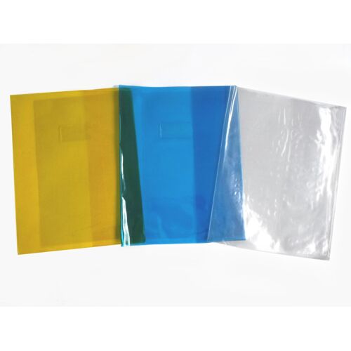 Lot De 3 Grands Protège-Cahiers Cristal Transparents Plastique Polypropylène Format 24x32 Cm Bleu + Jaune + Transparent