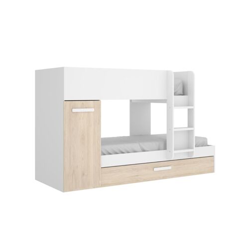 Lits superposés avec tiroir lit gigogne ANTHONY avec rangements 3 x 90 x 190 cm - Blanc et Chêne
