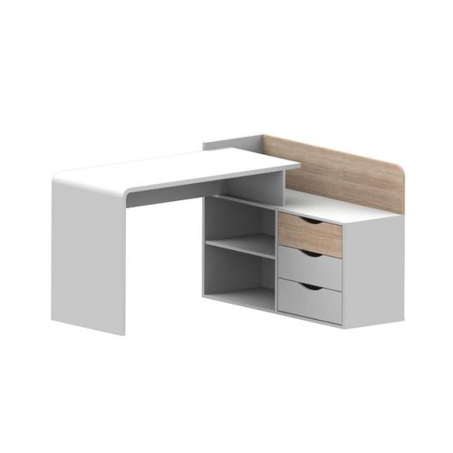 Bureau D'angle Declan Ii - Mdf - 3 Tiroirs & 2 Niches - Coloris : Blanc & Chêne