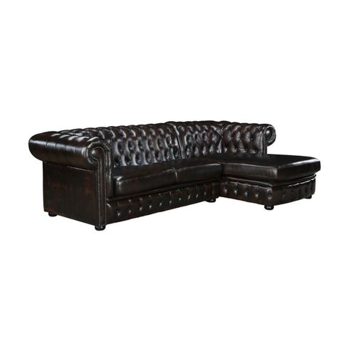 Canapé D'angle Chesterfield Brenton 100% Cuir De Buffle - Marron Reflets Châtains - Angle Droit