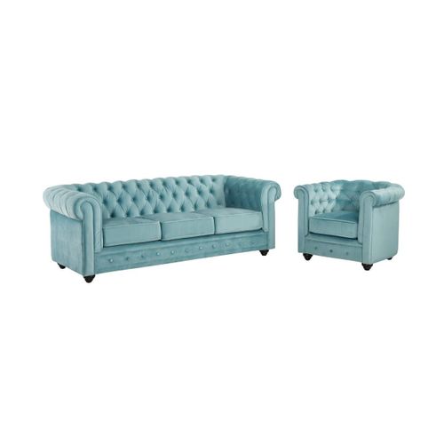 Canapé 3 Places Et Fauteuil Chesterfield - Velours Bleu Pastel