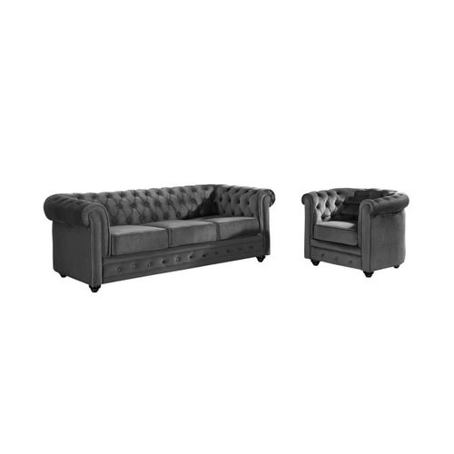 Canapé 3 Places Et Fauteuil Chesterfield - Velours Anthracite