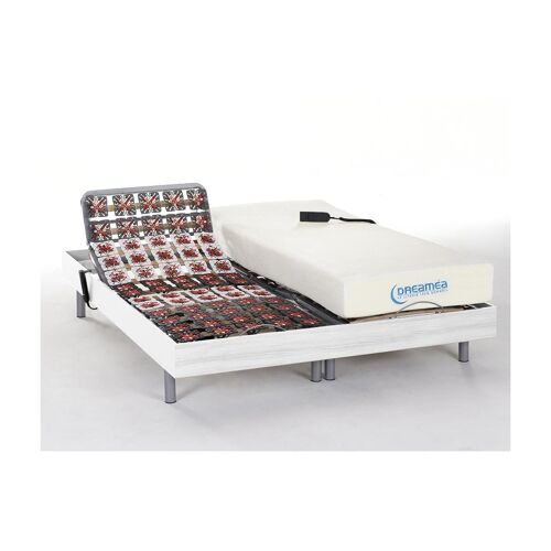 Lit électrique relaxation tout plots matelas mémoire de forme HESIODE III de DREAMEA - moteurs OKIN - blanc - 2 x 80 x 200 cm