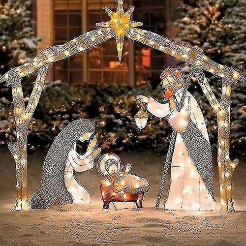 Crèche extérieure avec lumières, décoration de cour de Noël Sainte Famille, ensemble de Noël en plein air, décoration de Pâques s'illumine