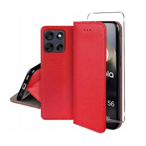 Housse pour Motorola Moto G56 5G - etui coque pochette portefeuille + verre trempe - ROUGE MAGNET