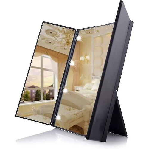 Unique Tri Fold Vanity Mirror Compact Pocket Travel Mirror With 8 Led Lights Including Battery - Black