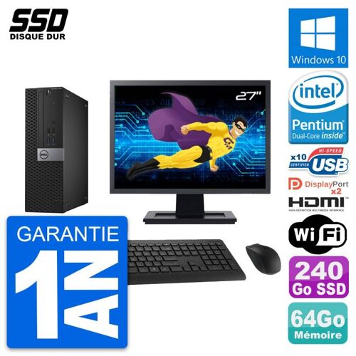 PC Dell 7040 SFF Ecran 27" Intel G4400 RAM 64Go SSD 240Go HDMI Windows 10 Wifi