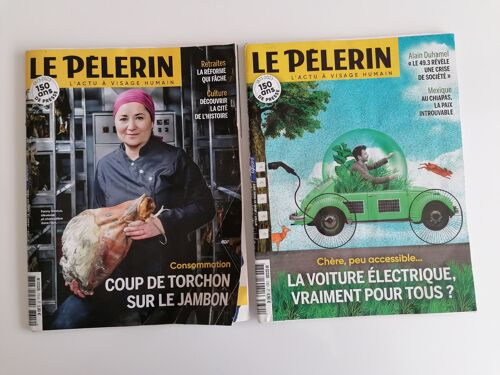 Lot 2 Revues Magazines Le Pèlerin - L'actu À Visage Humain - N°7312 (Janvier 2023) + N°7321 (Mars 2023) - Coup De Torchon Sur Le Jambon - La Voiture Électrique Vraiment Pour Tous ?