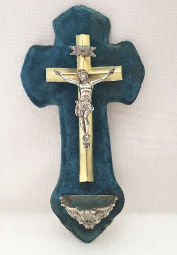 Objet De Culte Ancien Crucifix Porte Christ Signé Bénitier Métal Argenté 19e