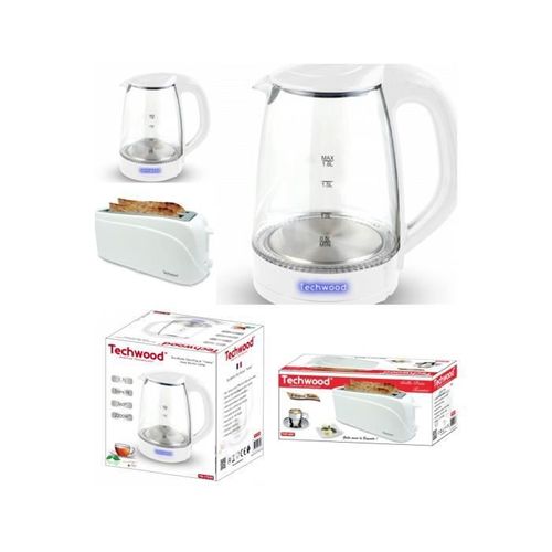 Bouilloire électrique en Verre Blanche Led bleu 1L7 2200W + Grille-pain Blanc 2 Longues Fentes Baguettes 700W