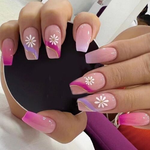 Faux Ongles Longs À Paillettes Détachables, 24 Pièces, Couverture Complète, Fleur Ondulée, Ballerine, Cercueil, Français 
