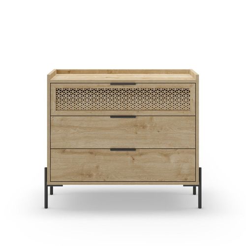 Commode 3 Tiroirs Décor Chêne Et Pieds En Métal - L90 Cm
